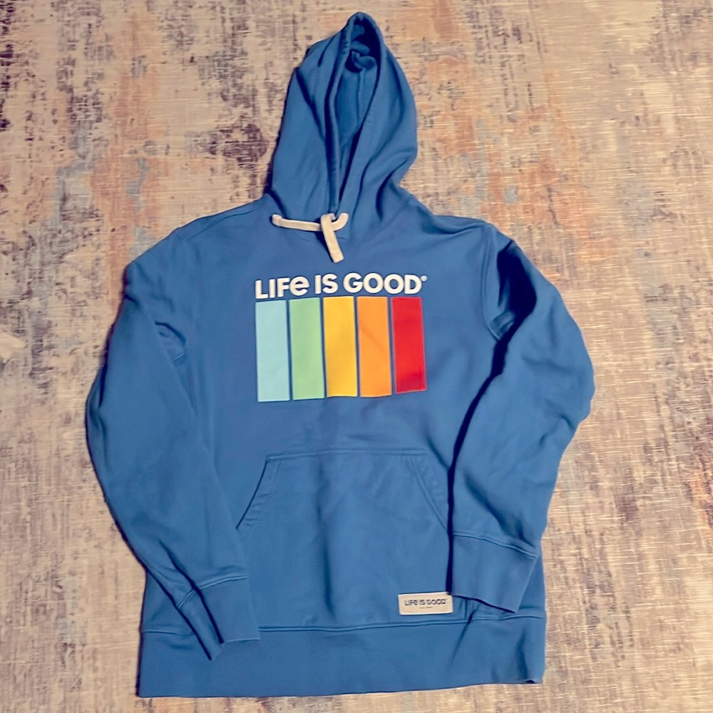 Life is Good men’s hoodie blue with stripes